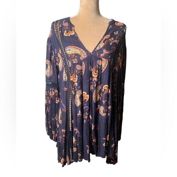 Free People | Just The Two of Us Babydoll Paisley Tunic Top Mini Dress Crochet - Picture 3 of 8